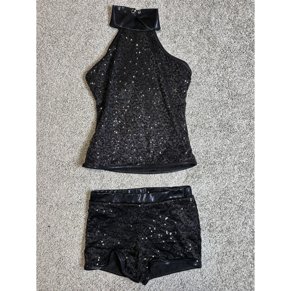 Balera Medium Child Black Sequin Halter Dance Costume Top Shorts Set MC